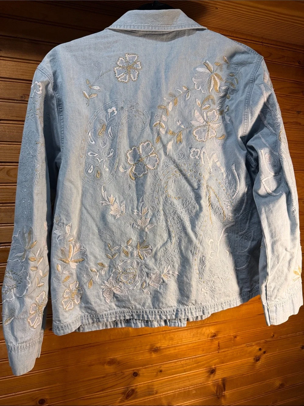 Chico's Light Blue Embroidered Denim shirt with Floral Accents - Picture 7 of 7
